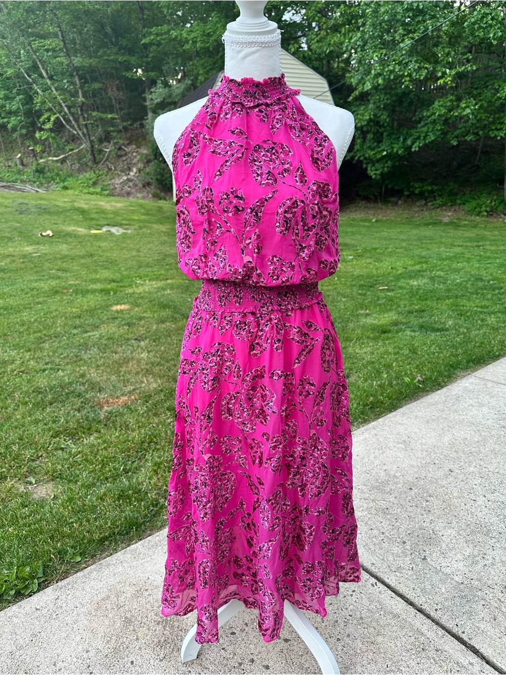White House Black Market Fuchsia Floral Halter Midi Dress